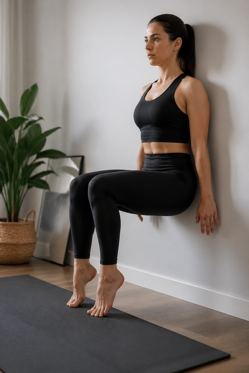 Person performing wall sit with heel lift