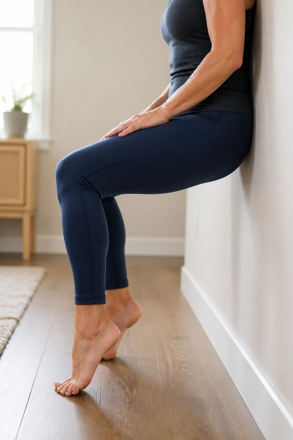 Woman in shallow wall sit with tiny heel lift