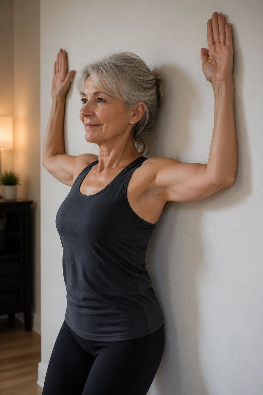 Medium close-up of a person performing wall slides for the shoulder blades against a wall