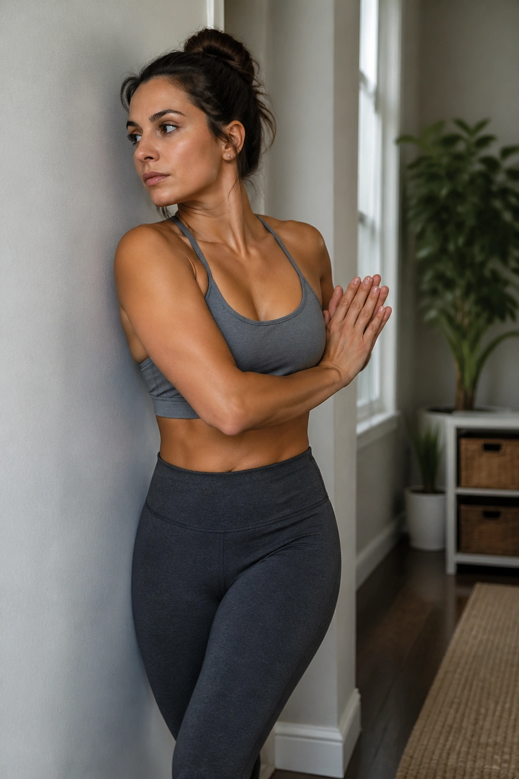 Torso twisting away from wall in a Wall Spine Twist.