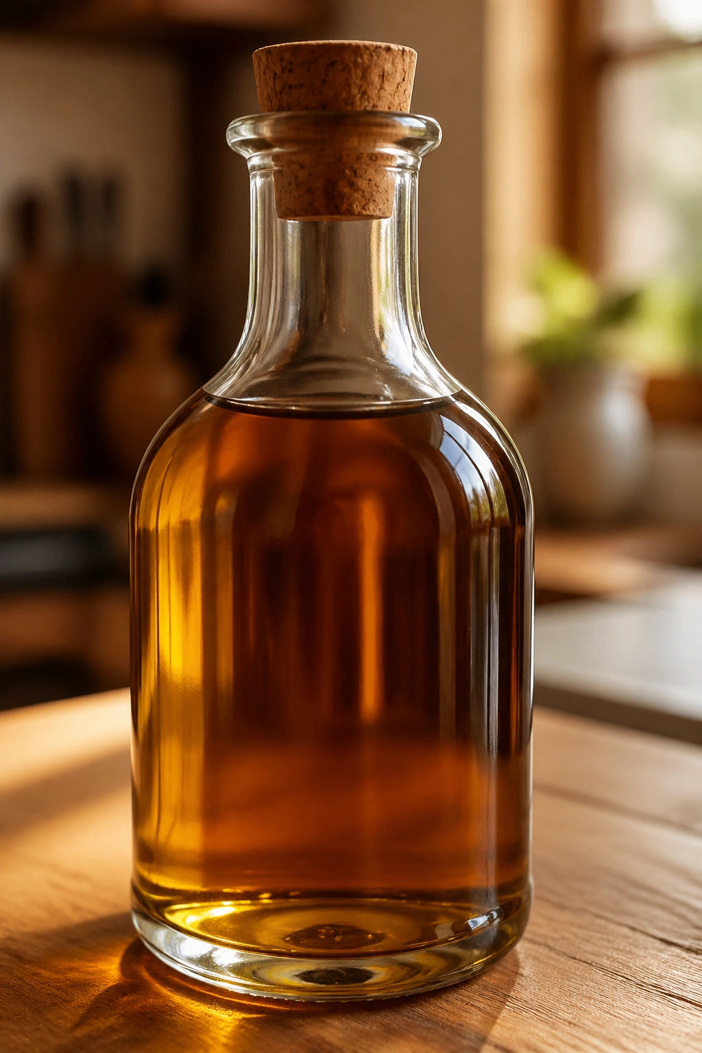 Close-up of walnut oil bottle on wooden kitchen counter