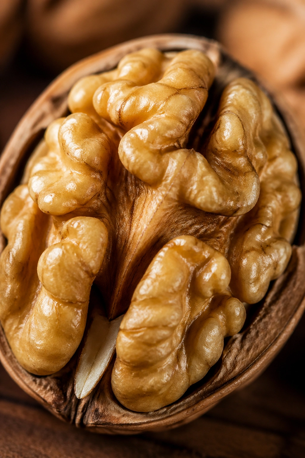 Macro close-up of a walnut half with textured shell