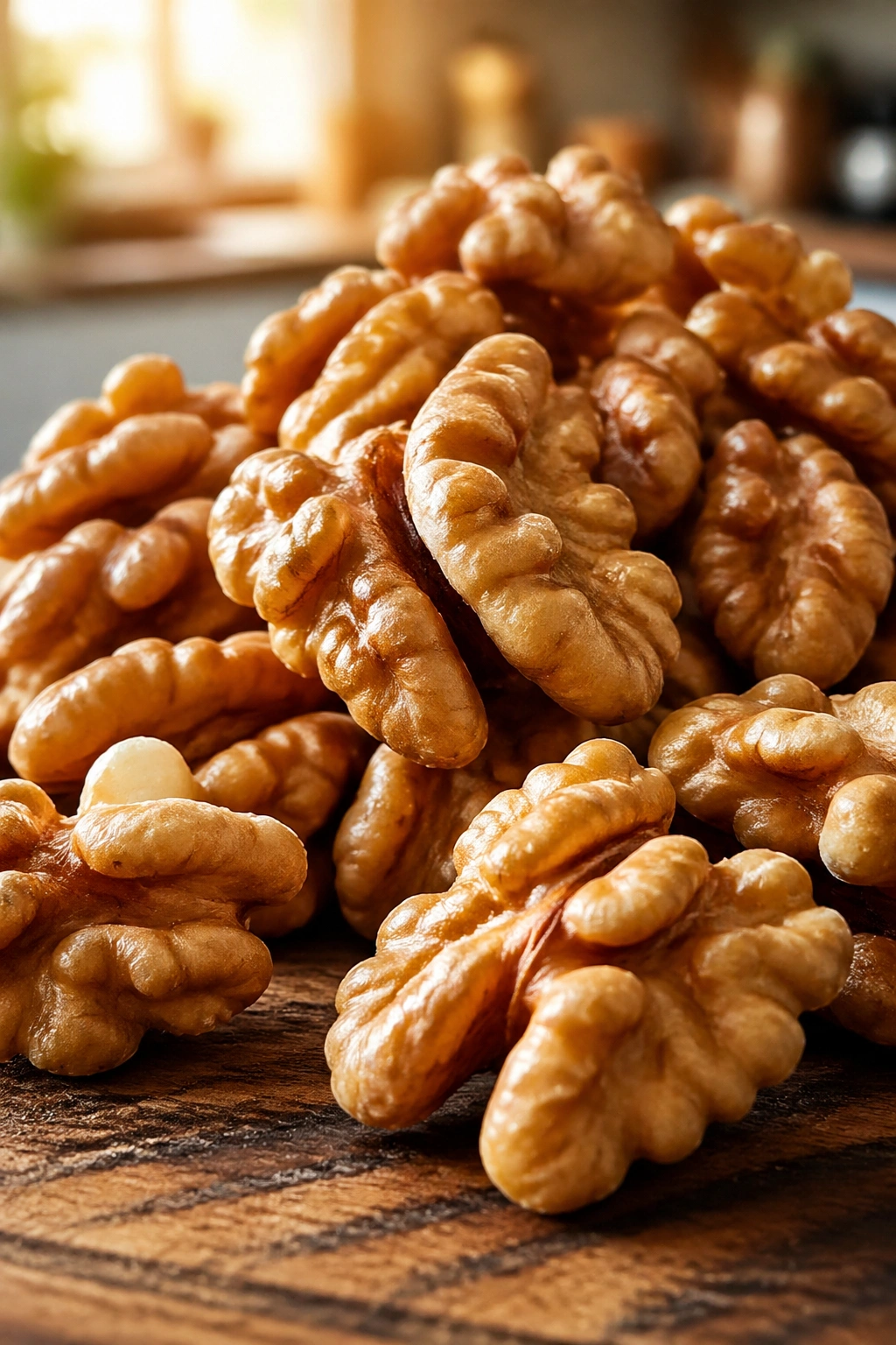 Close-up of walnut halves on a wooden table