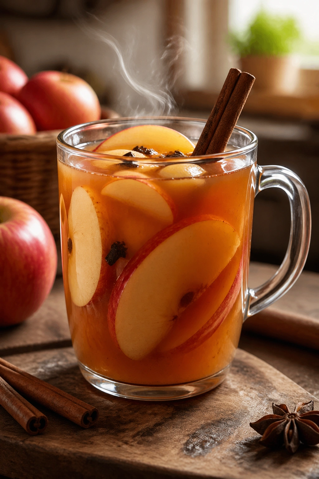 Close-up of a steaming mug of warm spiced apple drink with apple slices and cinnamon stick.