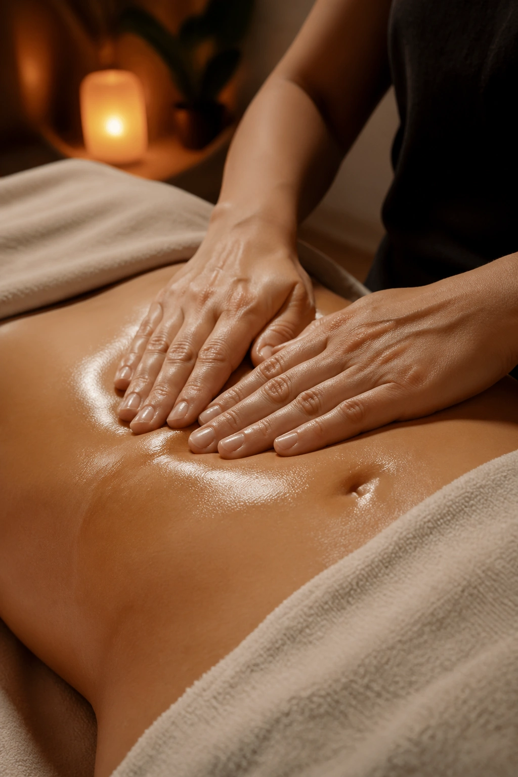Palms pressing warm oil on real person's abdomen