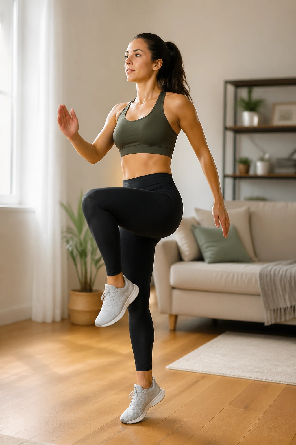 Person performing warm-up movements in a bright home living room
