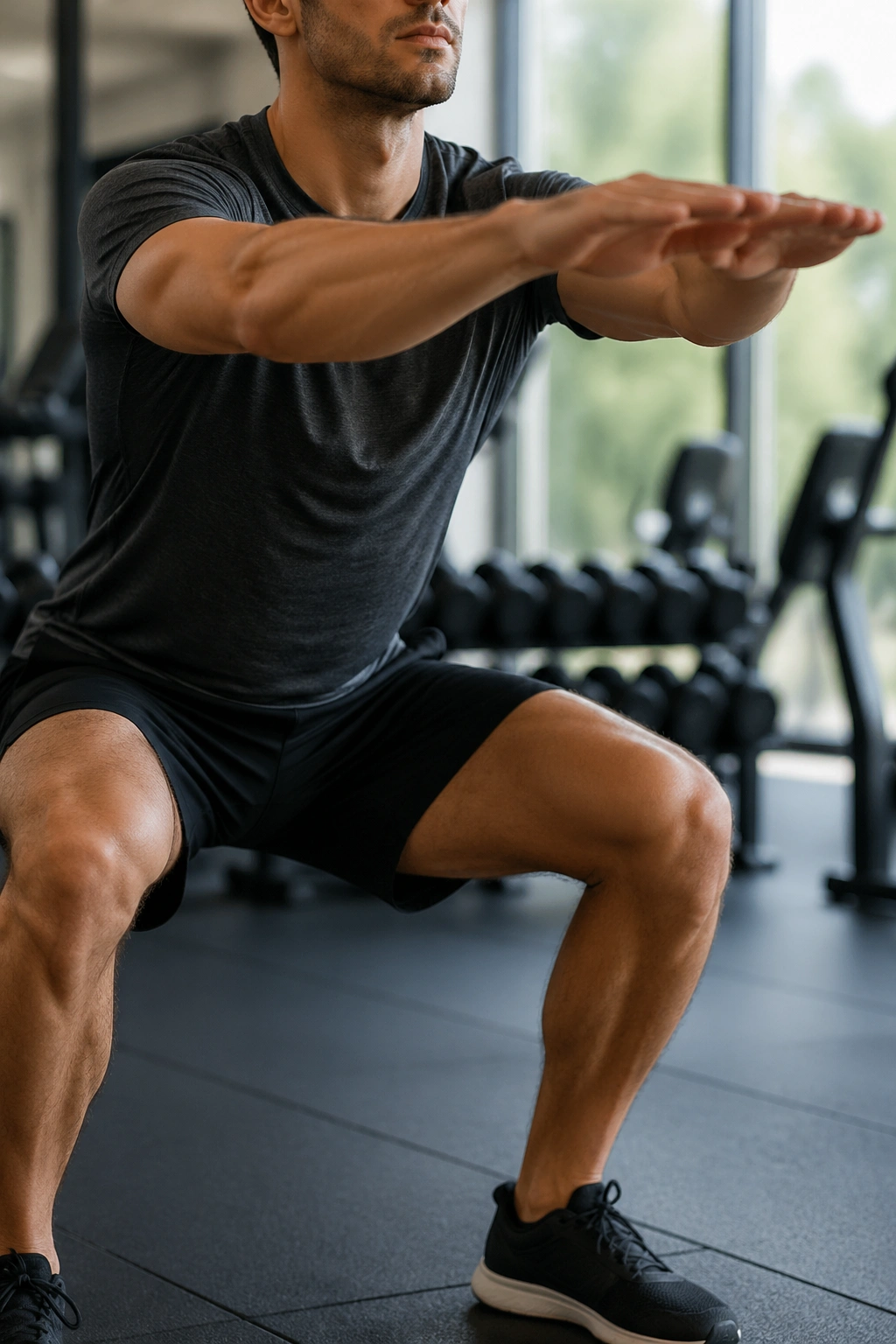 Close-up of a person performing a bodyweight squat during gym warm-up