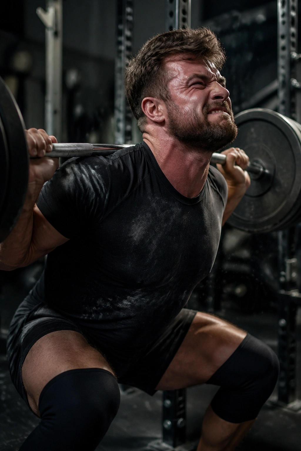Close-up of athlete performing heavy back squat with no warm-up in gym
