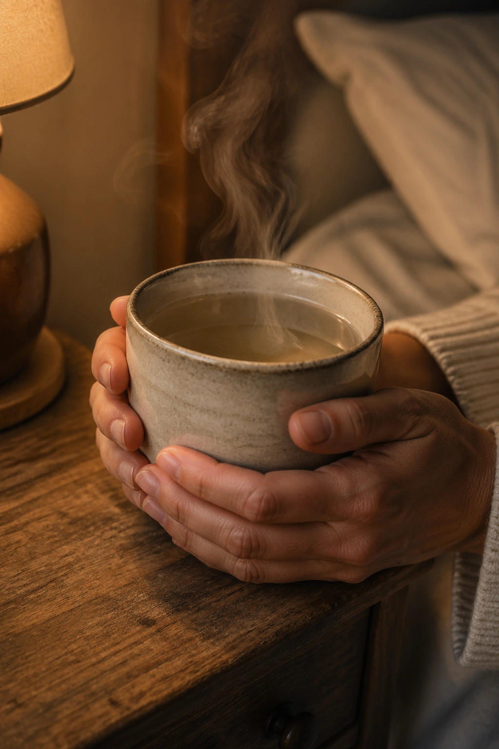 Close-up of a steaming warm water mug in a cozy bedroom setting