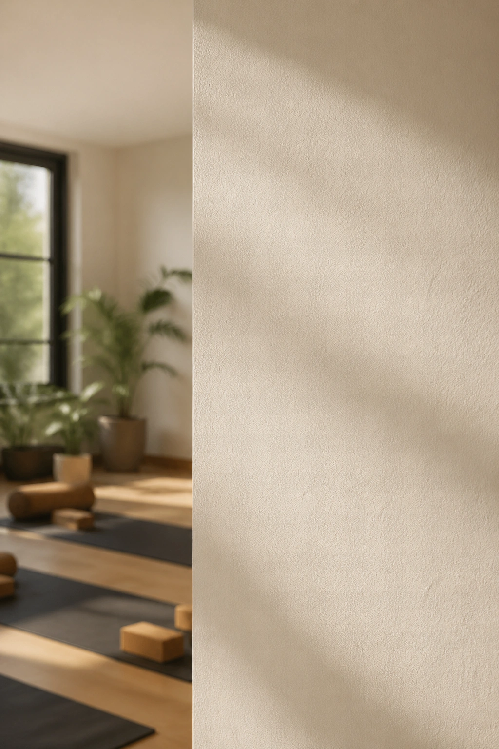 Close-up of warm white wall with matte eggshell finish in a calm yoga room