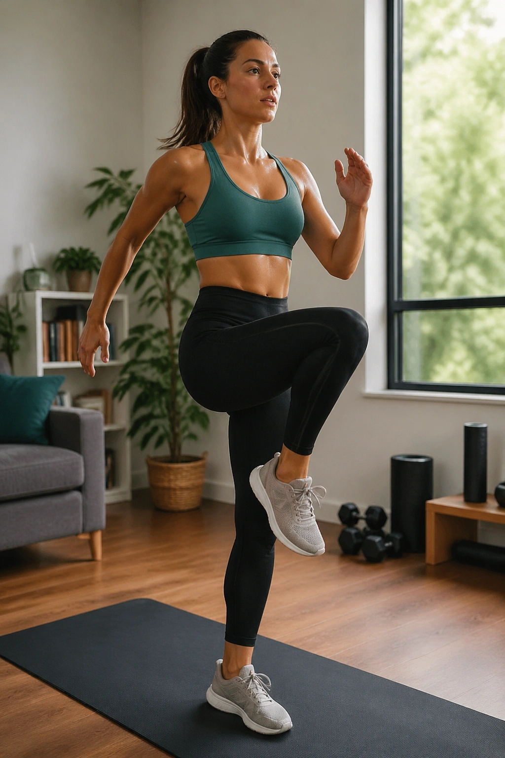Close-up of a person warming up with marching and arm swings