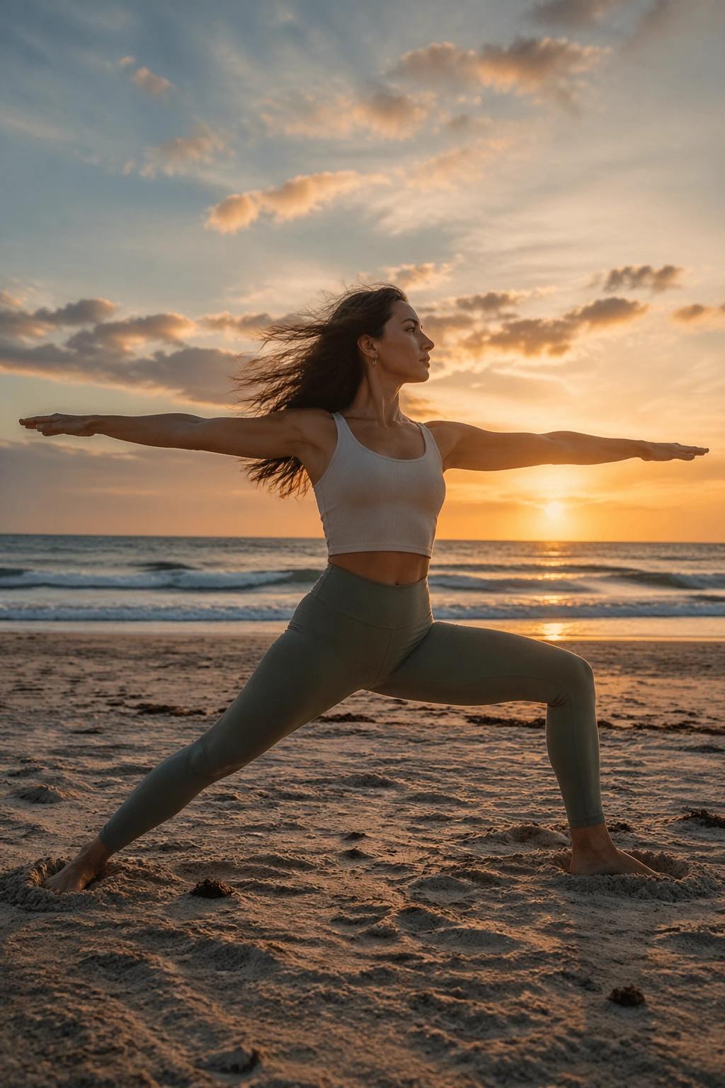 Real person in Warrior II on sunrise beach, arms extended, wide stance