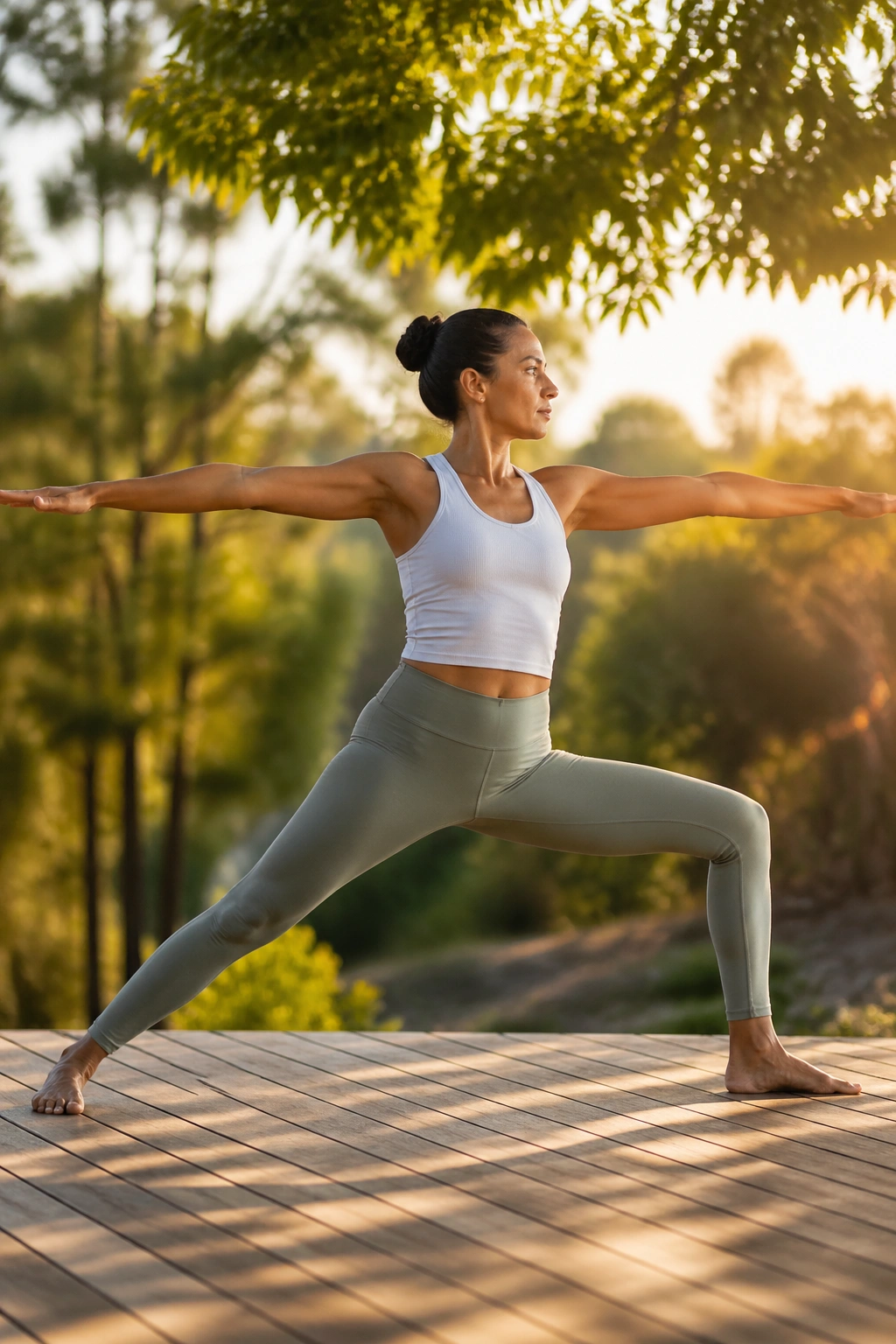 Person in Warrior II stance in an outdoor setting during golden hour
