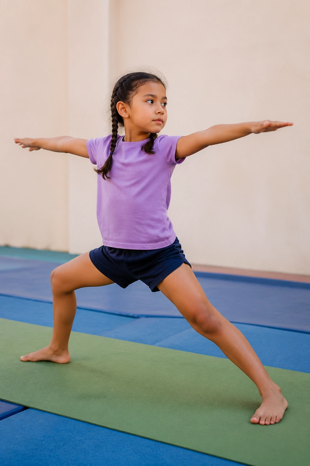 Child in Warrior II pose with extended arms and focused gaze