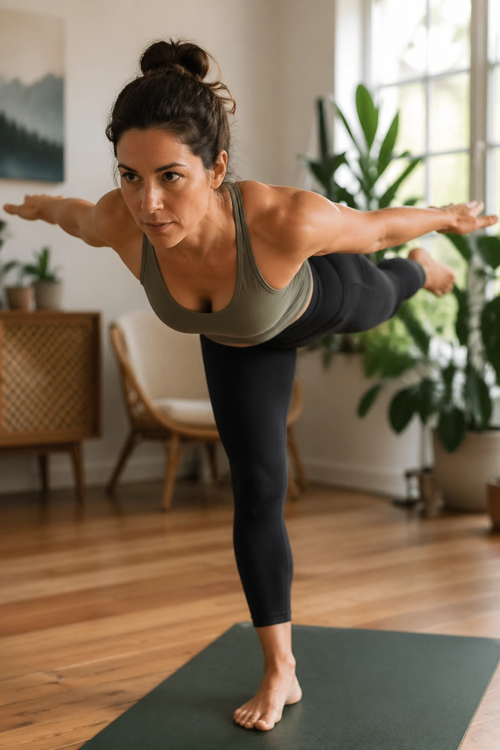 Medium close-up of a person in Warrior III to Airplane Hinge Practice in a cozy home studio