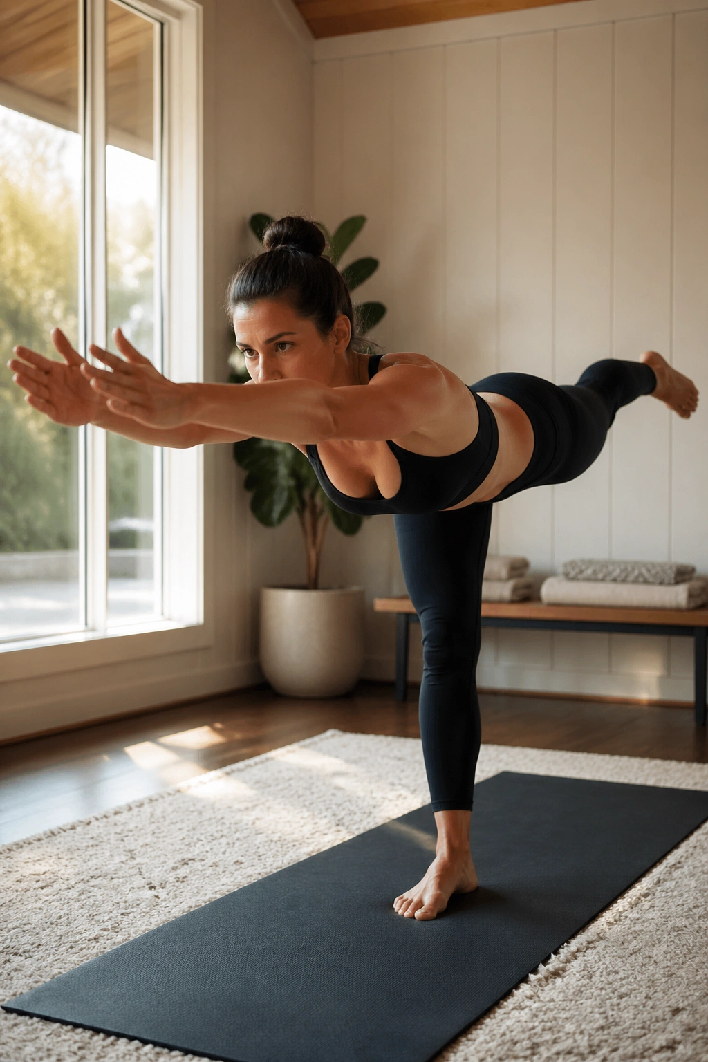 Full-body Warrior III balance during a Single-Leg Stretch and Warrior III Balance sequence in a home setting.