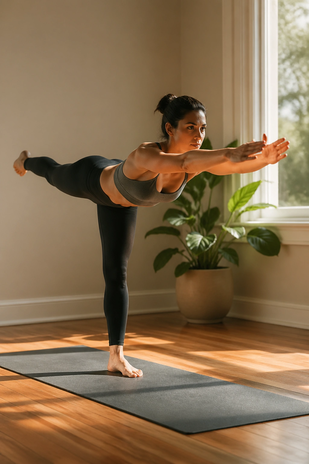 Real person doing Warrior III balance in a sunlit home yoga corner