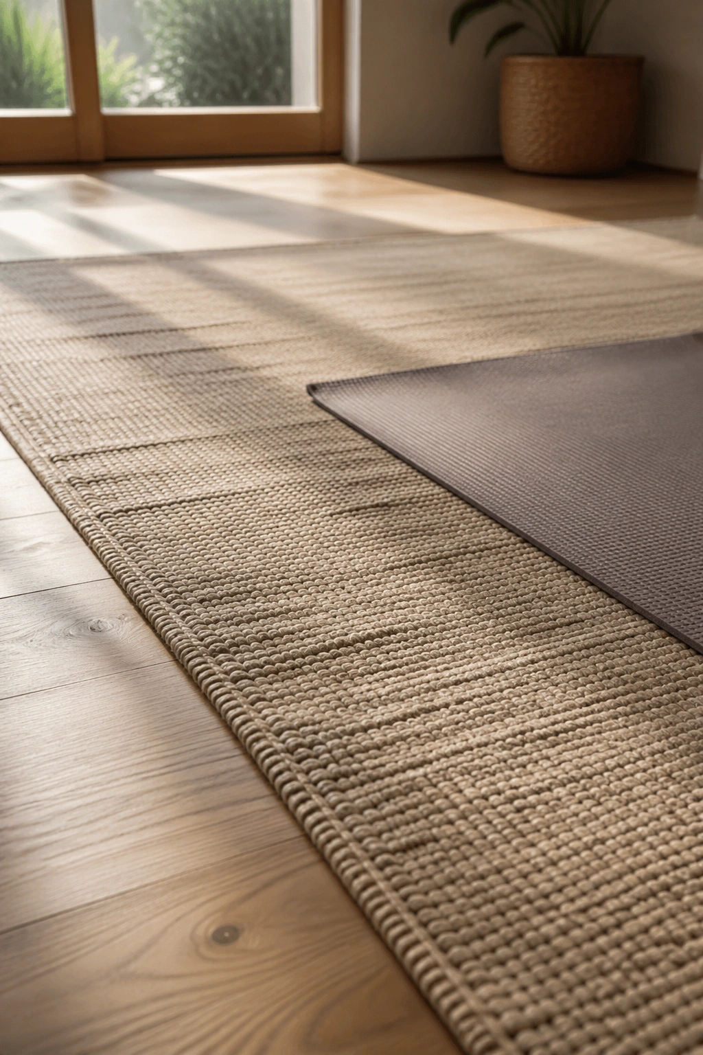 Close-up of a washable rug on a quiet yoga room floor with a yoga mat on top
