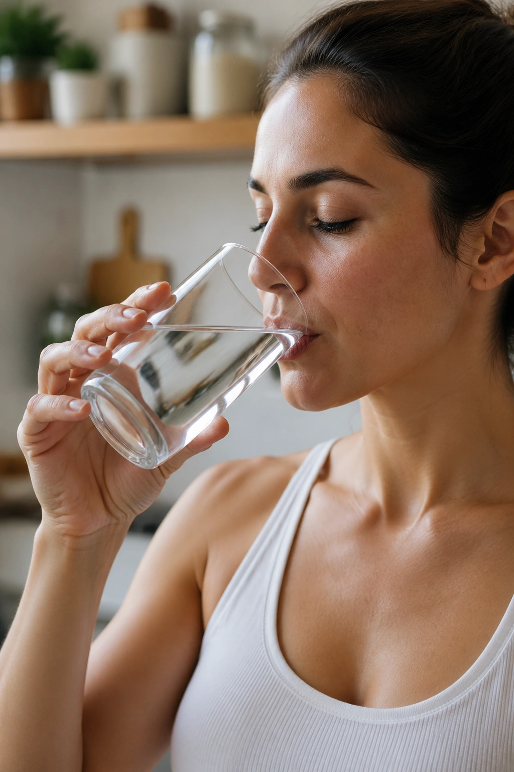 Hand lifting a glass of water before a meal in a bright kitchen