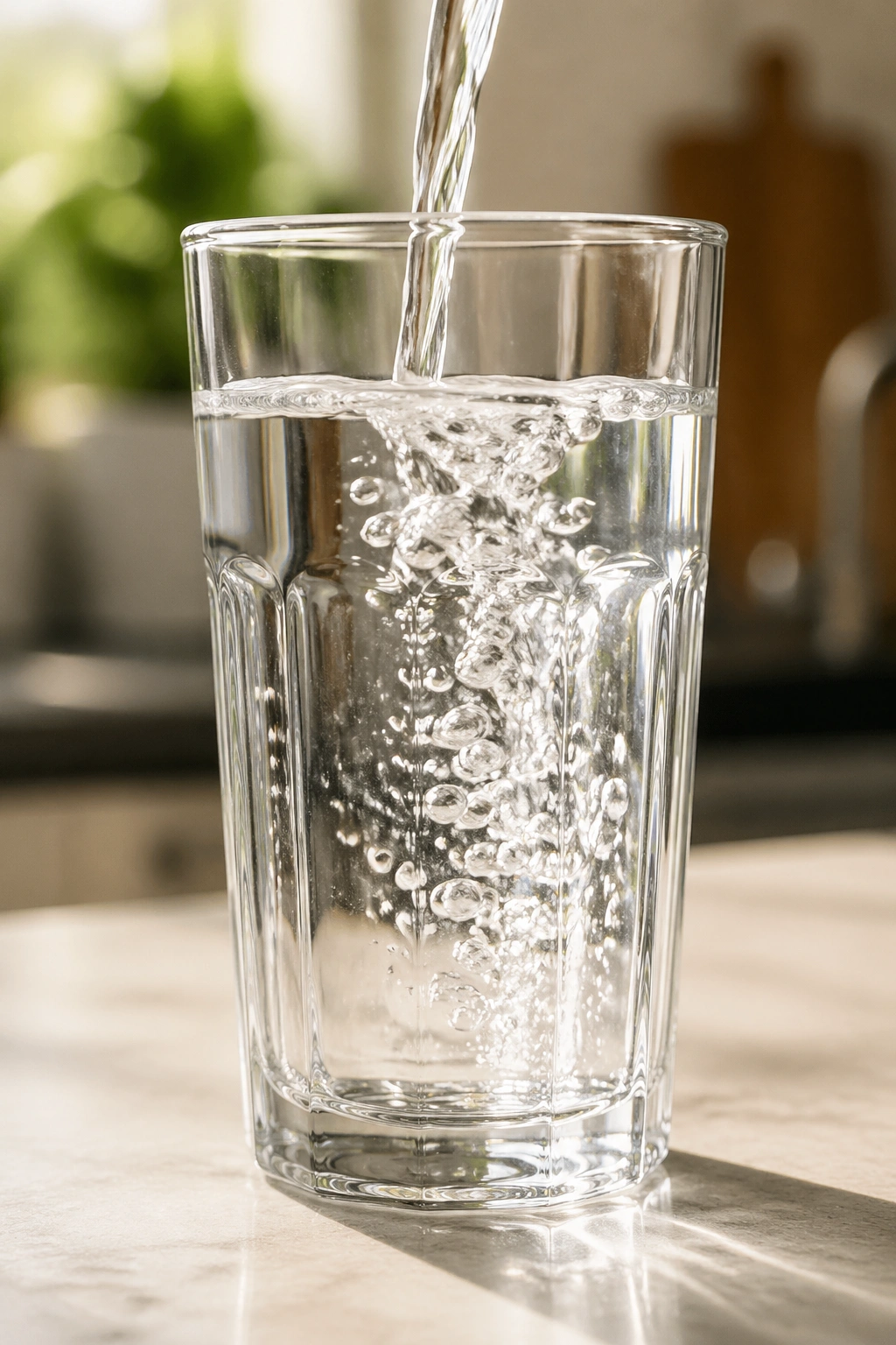 Tall glass of water in a bright kitchen