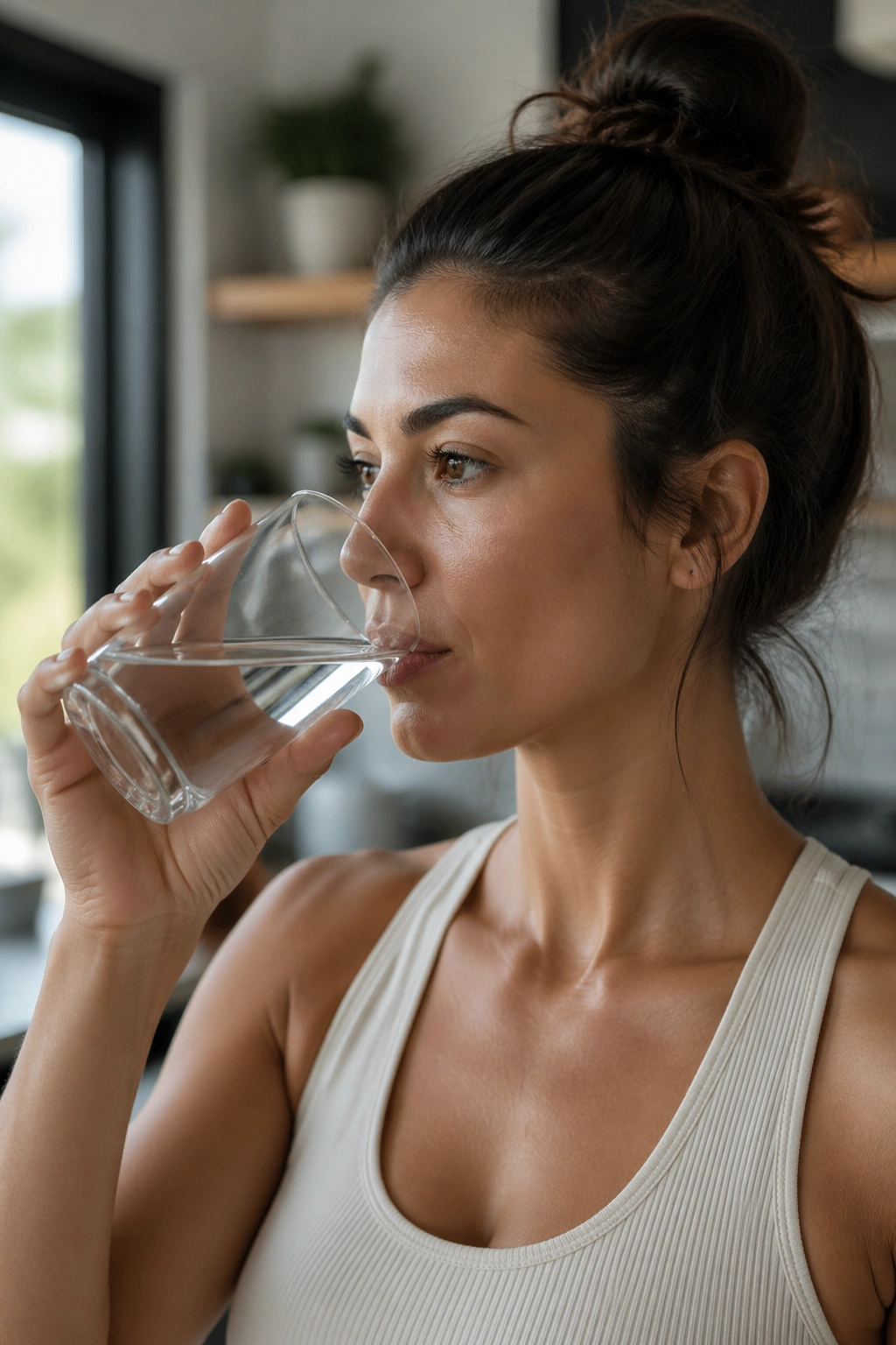 Person drinking water in kitchen to cut liquid calories
