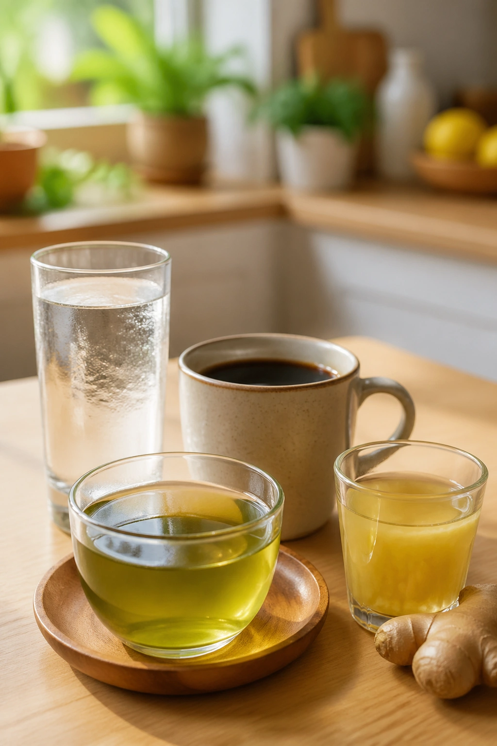 Close-up of four beverages on a wooden counter: water, coffee, green tea, and ginger tea, morning light.