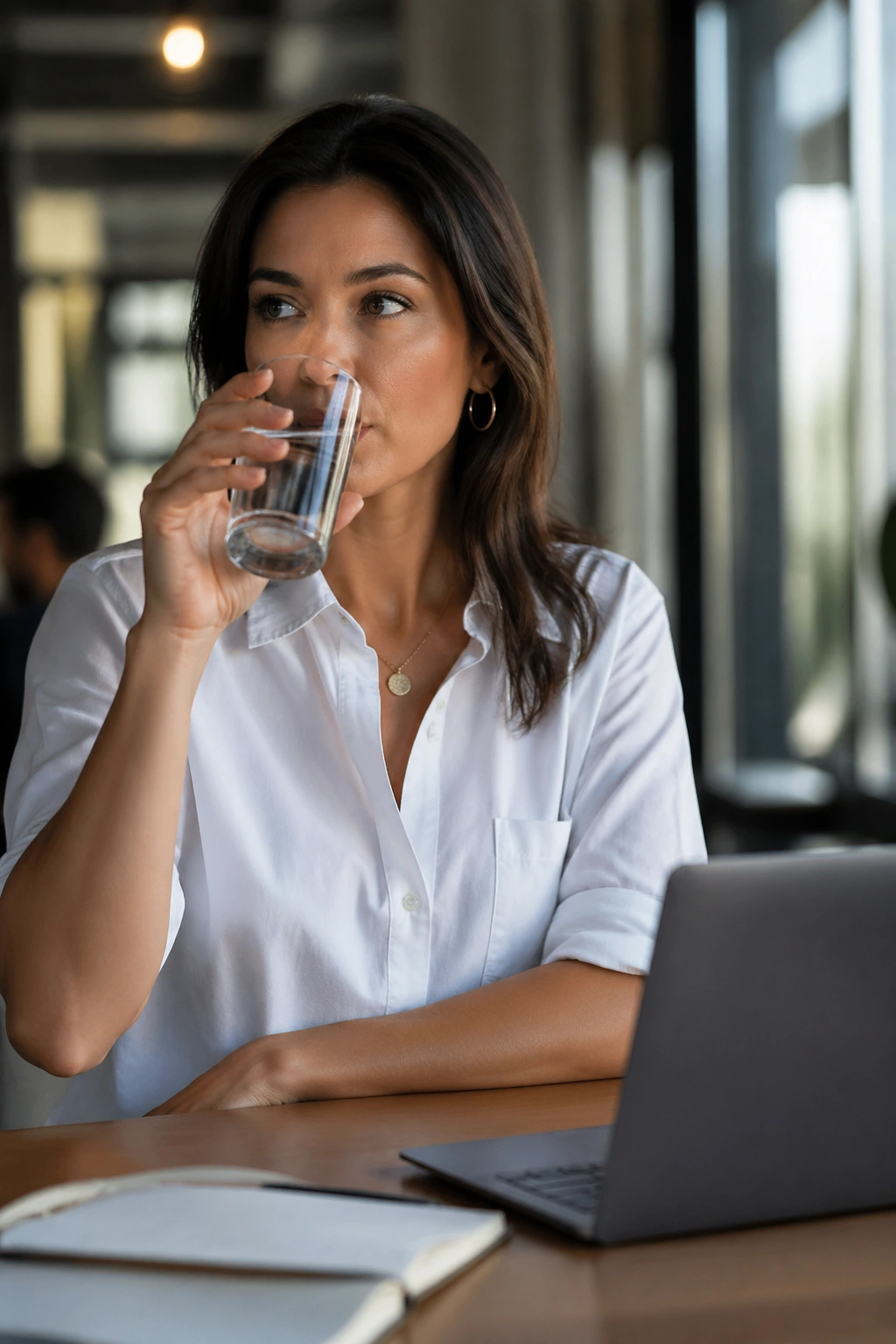 Person at a desk holding a glass of water, choosing water over sugary drinks