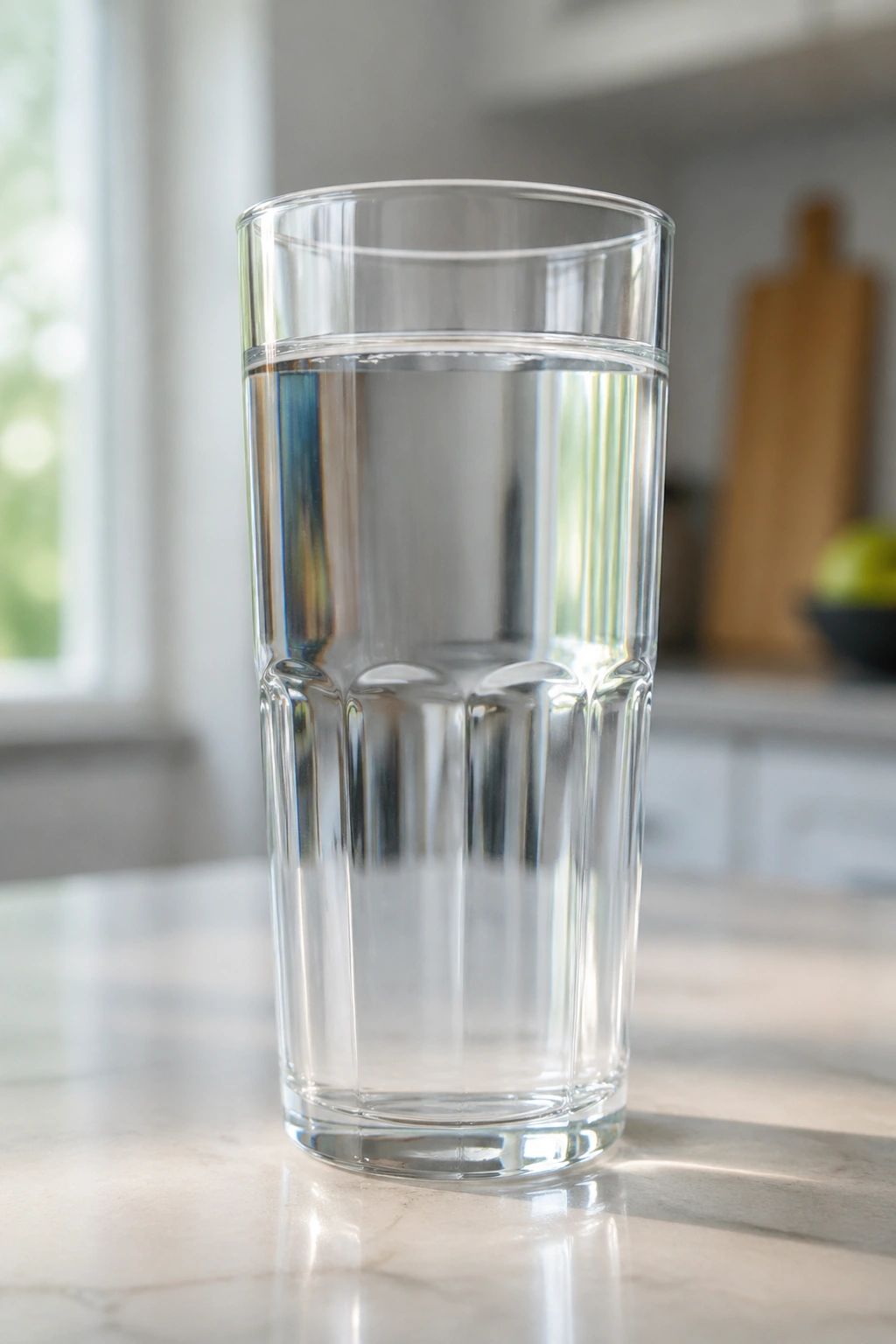 Glass of plain water on kitchen counter