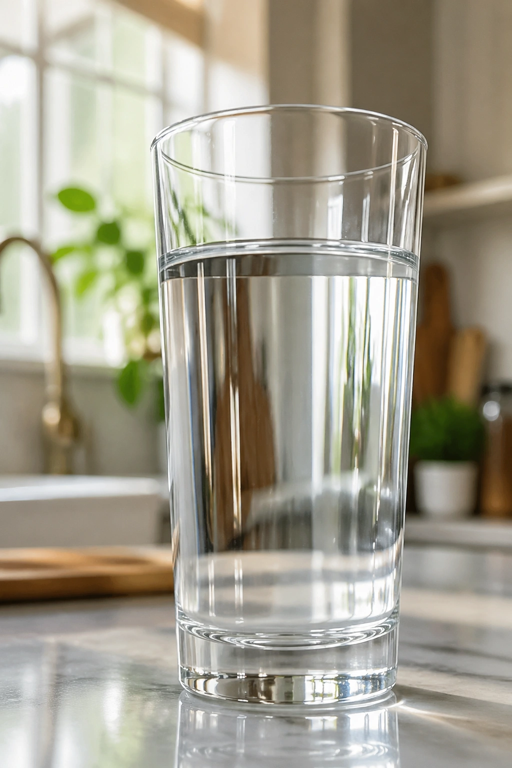 Close-up of a tall glass of water dominating a kitchen scene