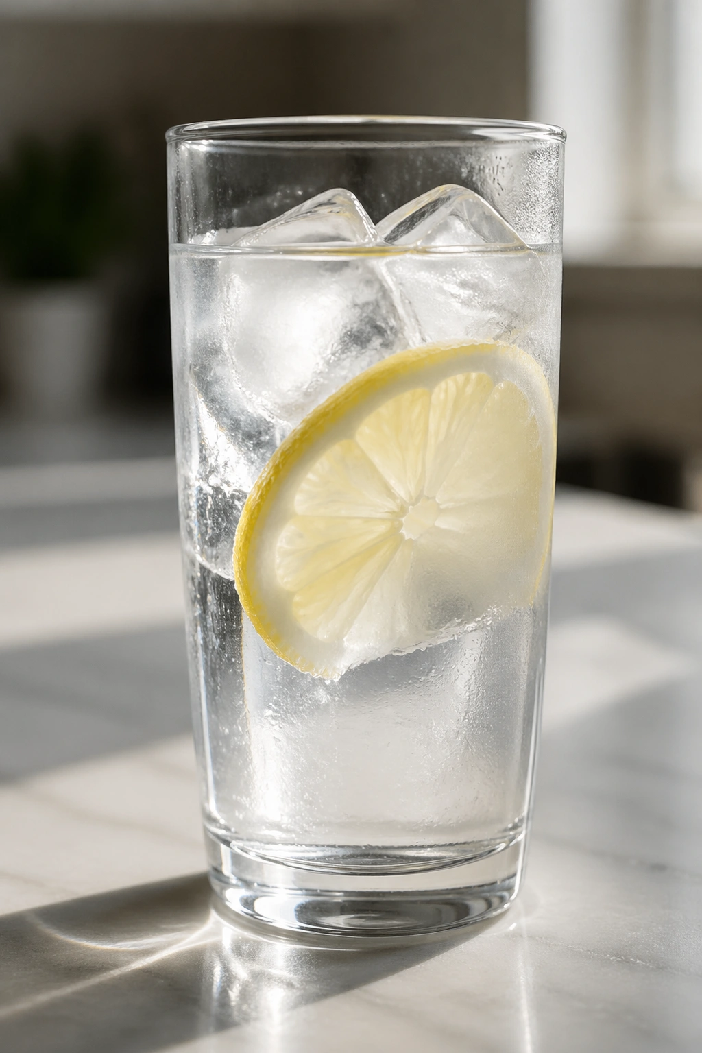 Tall glass of water with lemon on kitchen counter