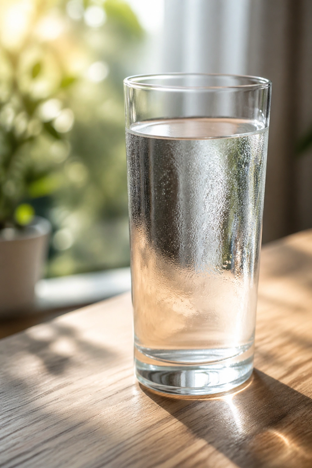 Tall glass of water on a wooden table in soft natural light