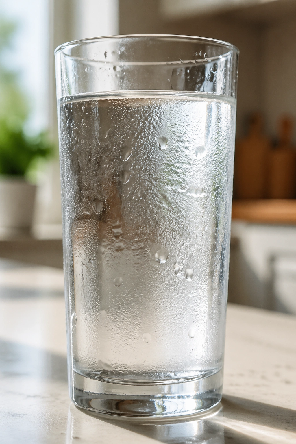 Close-up of a tall glass of water with condensation on a kitchen counter