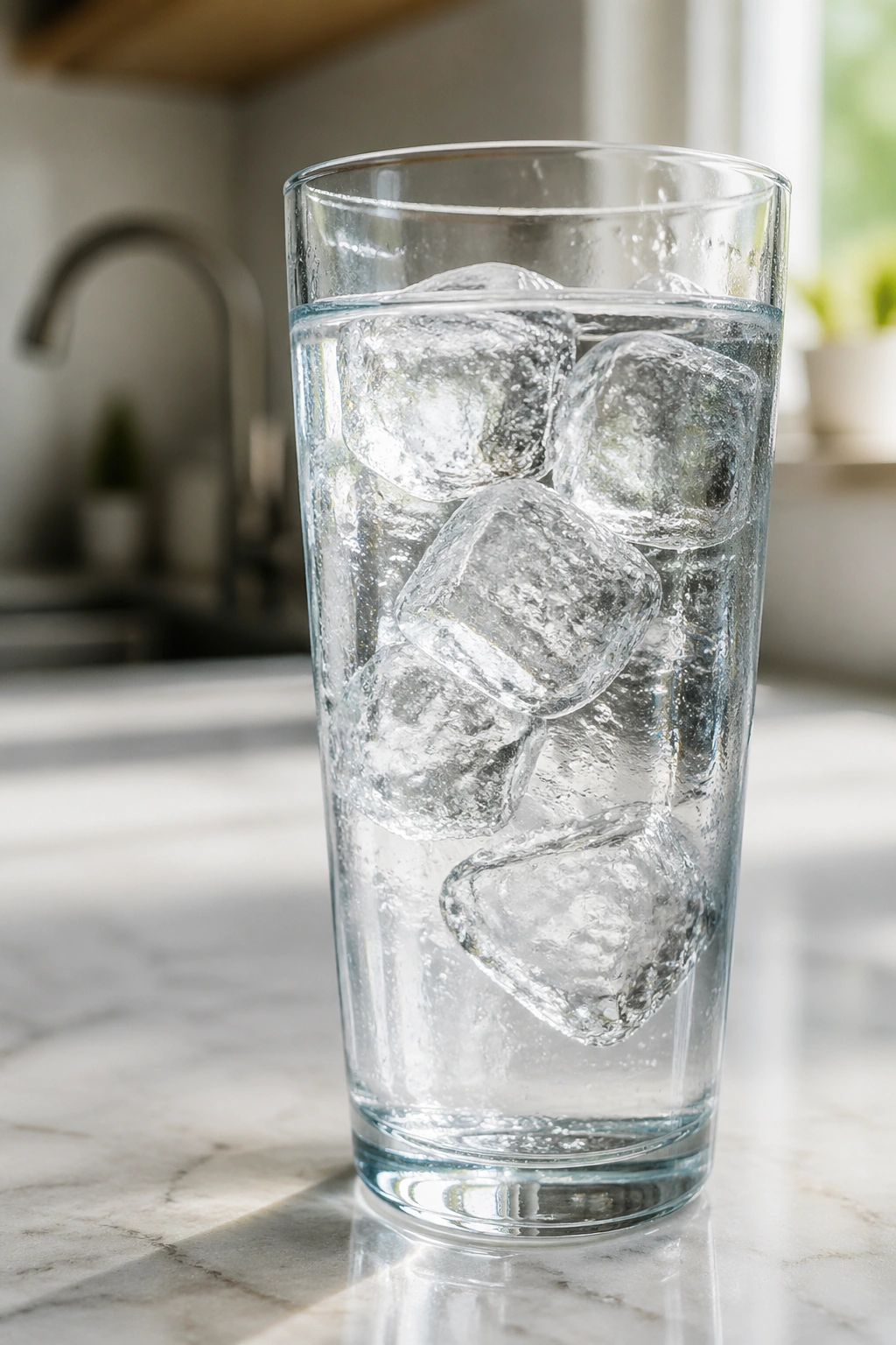 Tall glass of water on a bright kitchen counter
