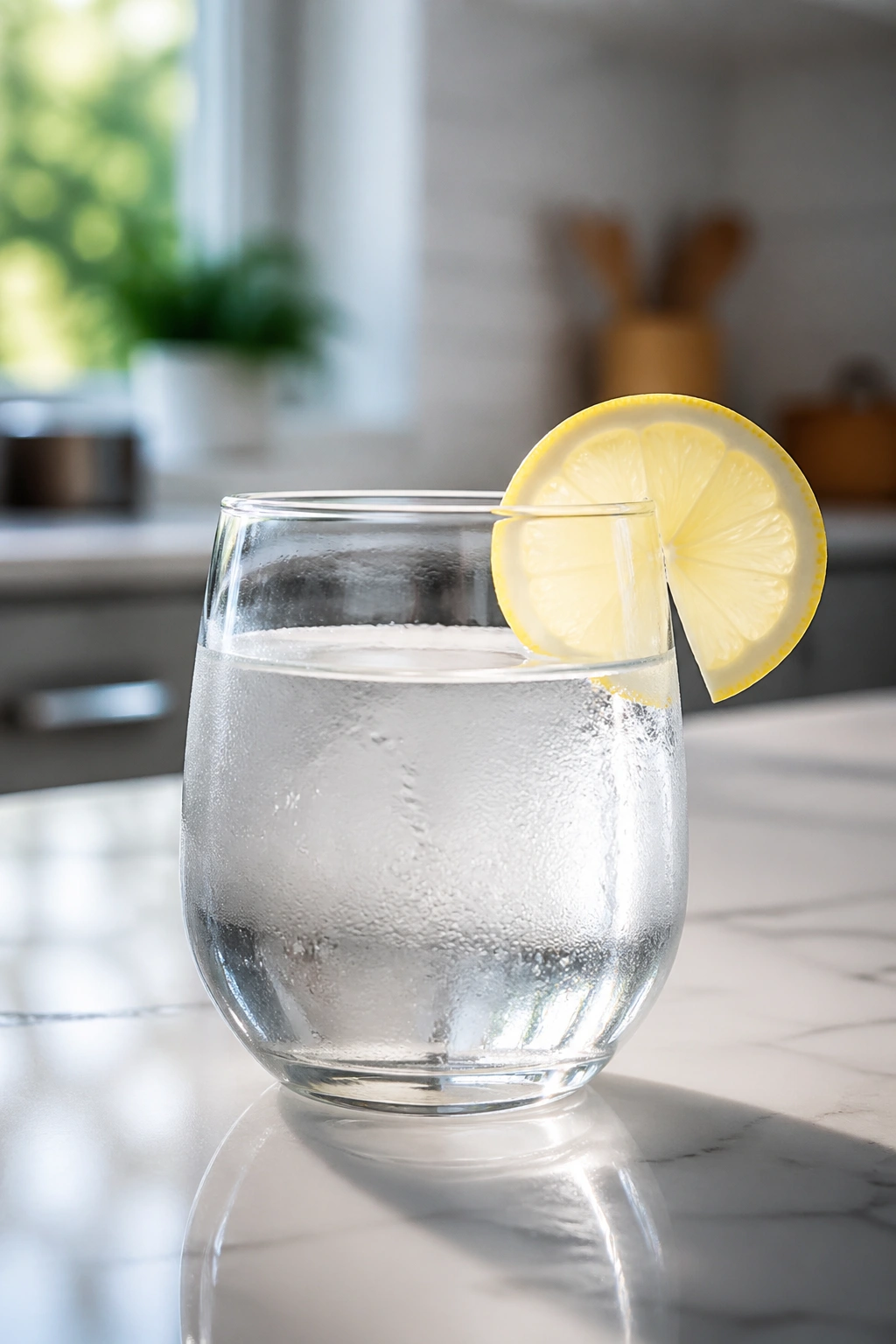 Close-up glass of water with lemon on a bright kitchen counter