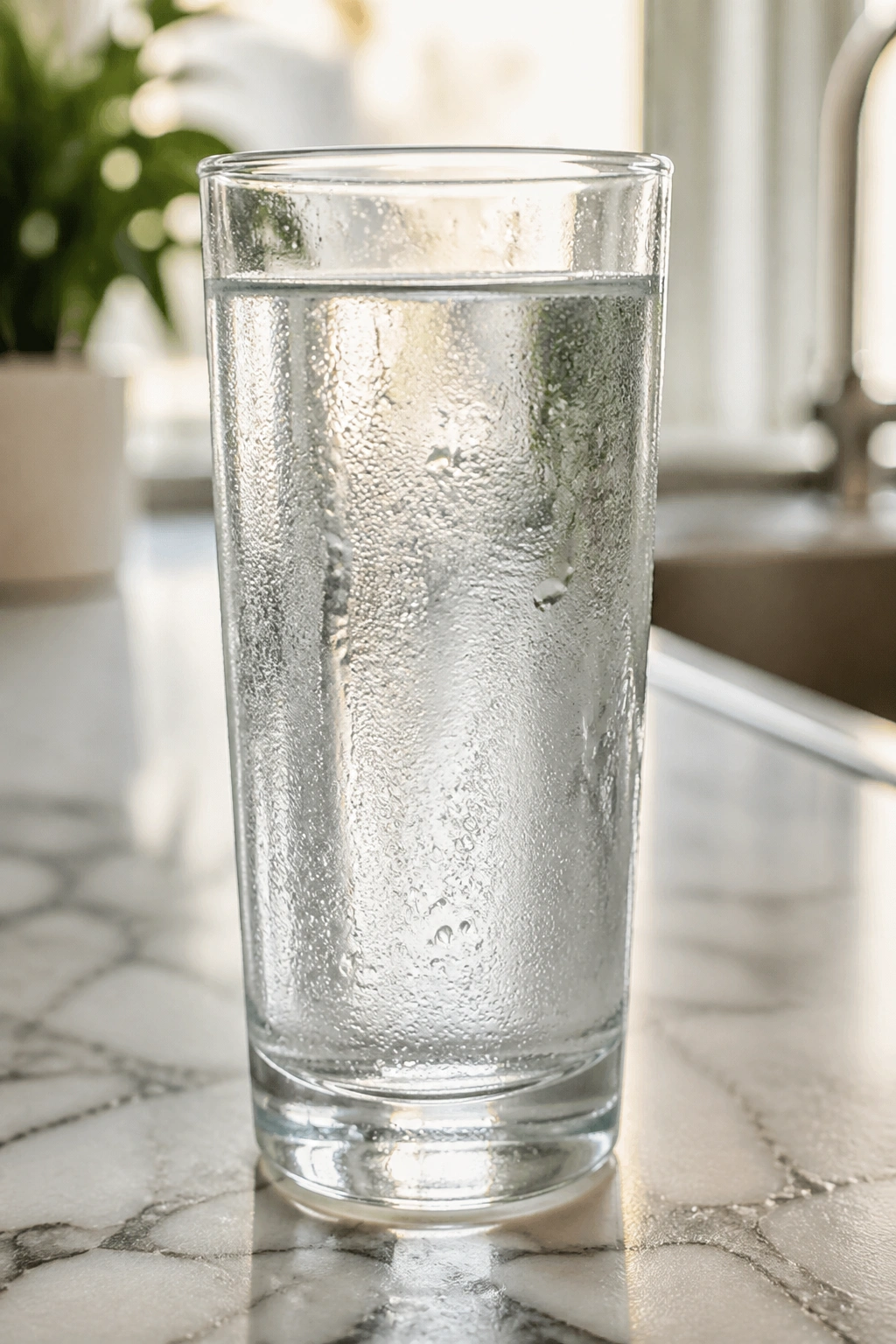 Close-up of a glass of water with condensation on a marble kitchen counter in natural light