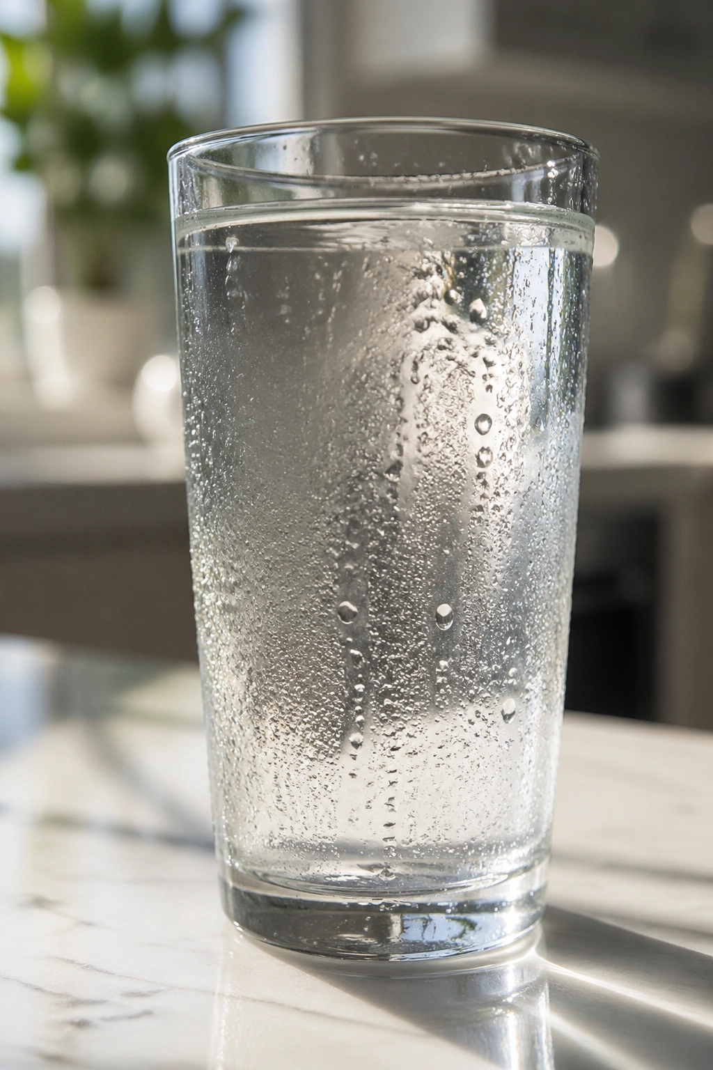 Tall glass of plain water with condensation on a bright kitchen counter.
