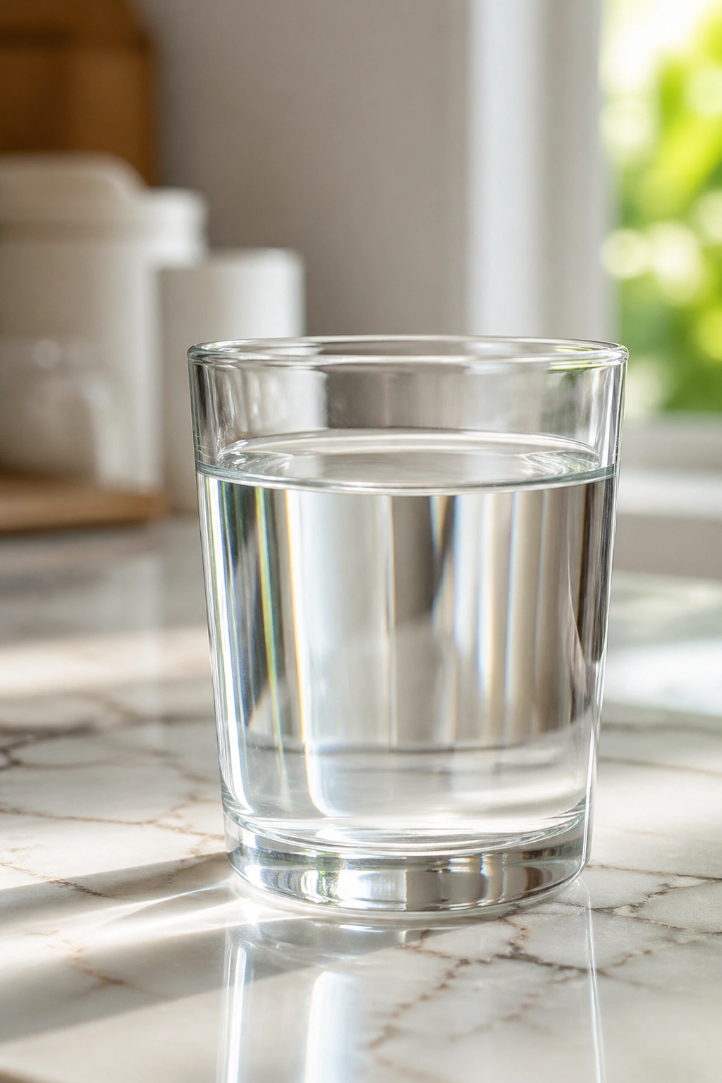 Glass of water on a marble kitchen counter