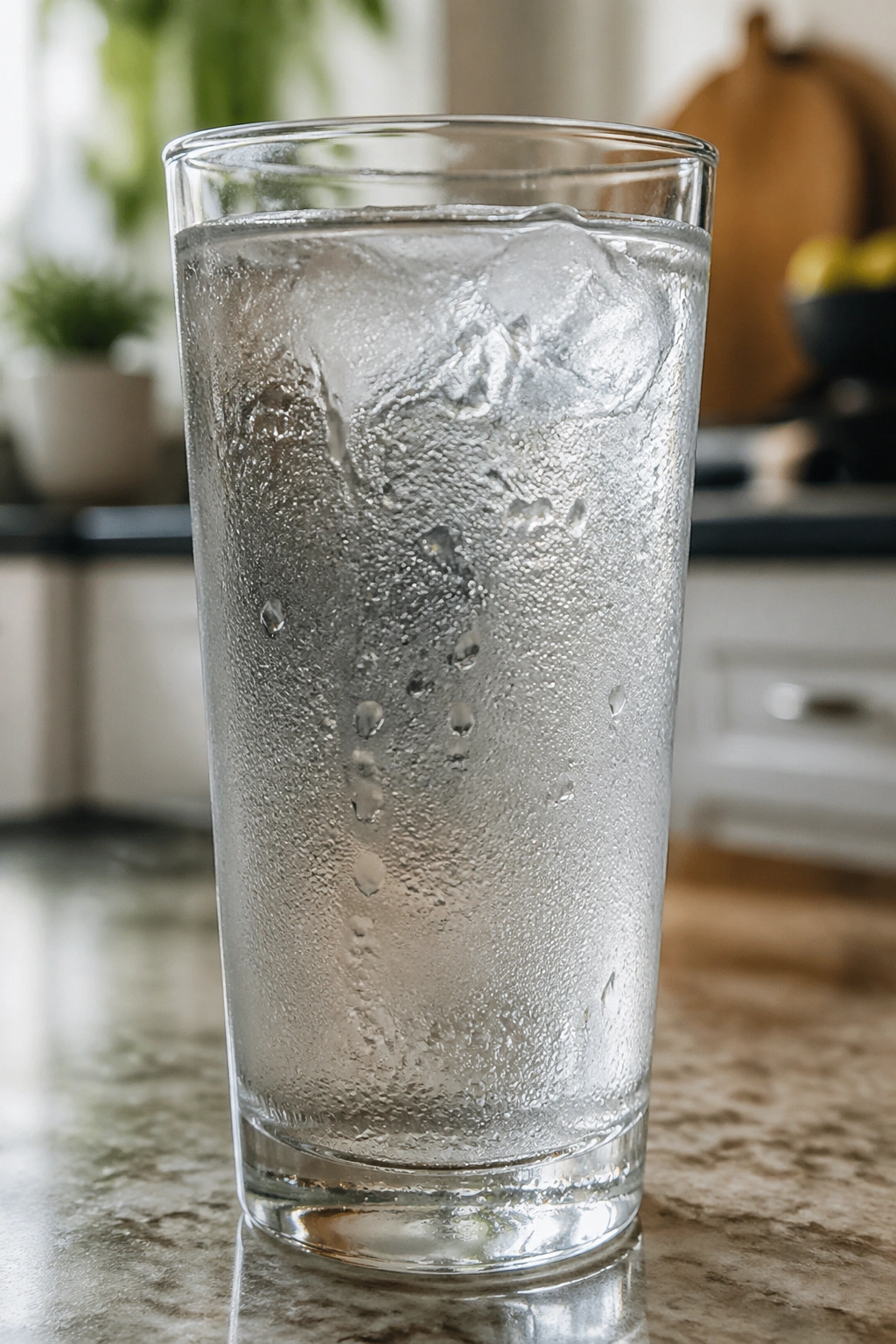 Close-up of a tall glass of water with condensation on a kitchen counter.