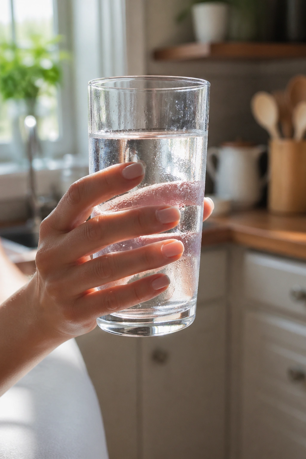 Close-up of a glass of water with condensation held in a hand in a bright kitchen