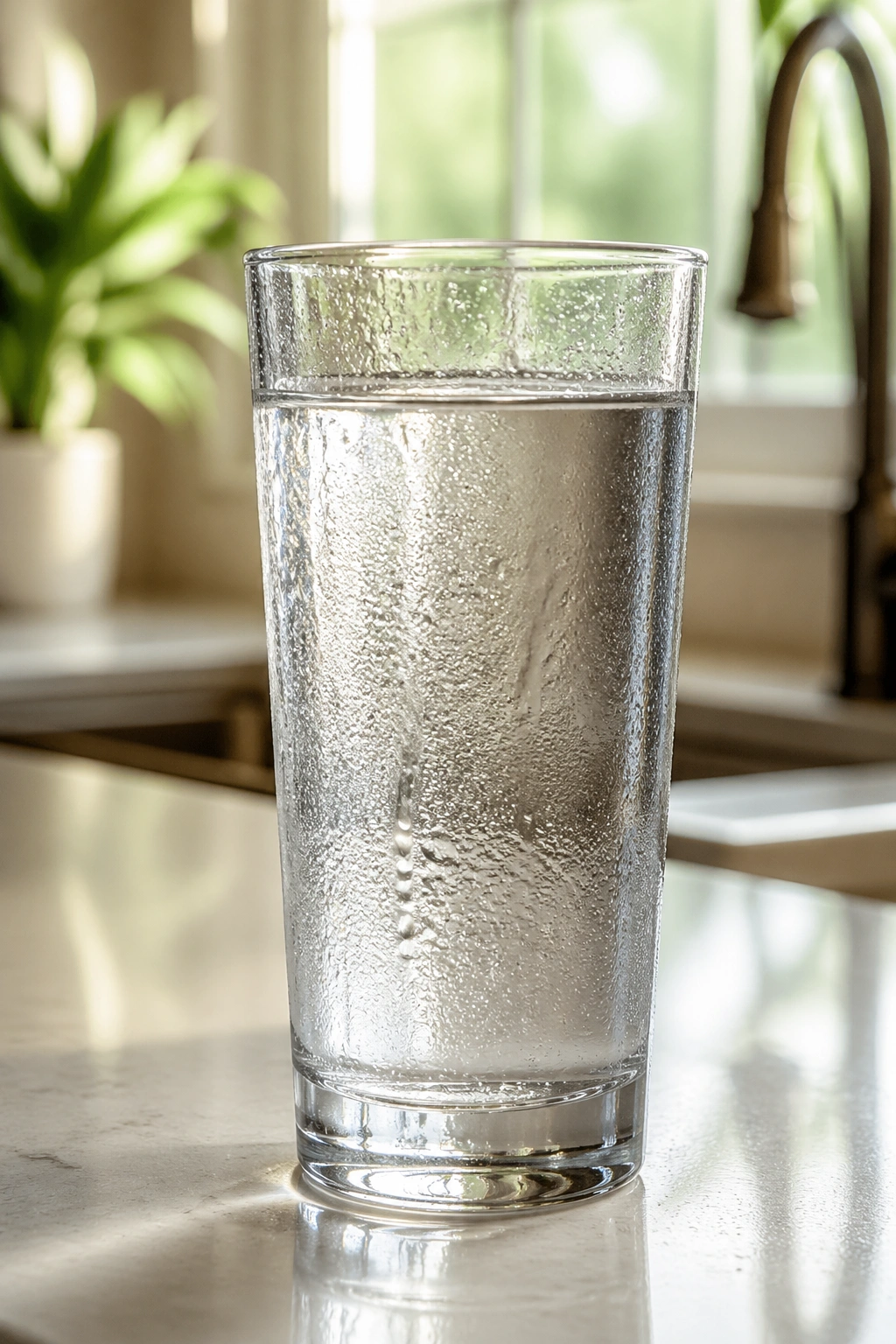Close-up of a glass of water on a kitchen counter.