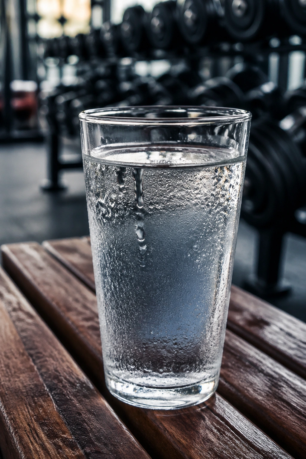 Close-up of a glass of water with condensation ready for workout