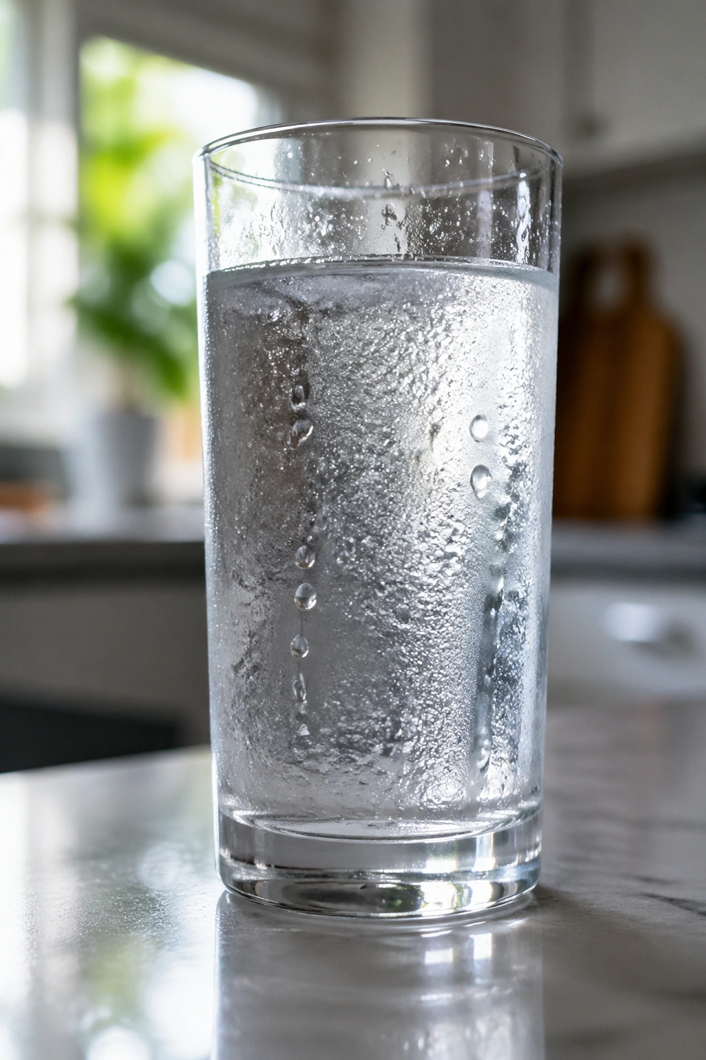 Glass of cold water on kitchen counter