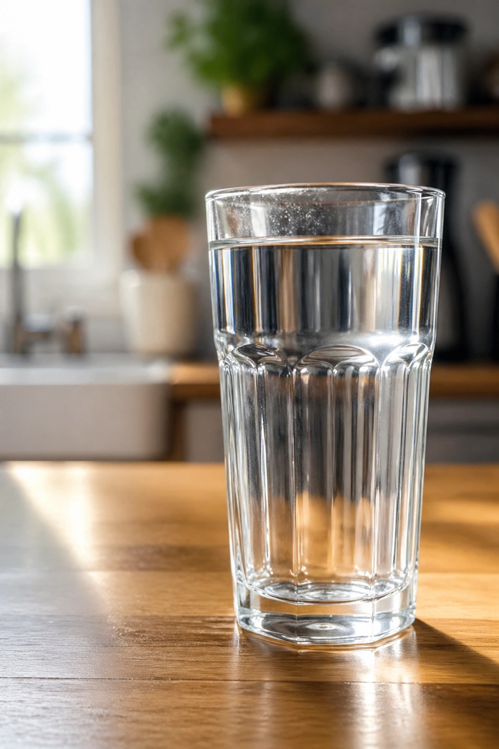Glass of water on a kitchen counter in morning light