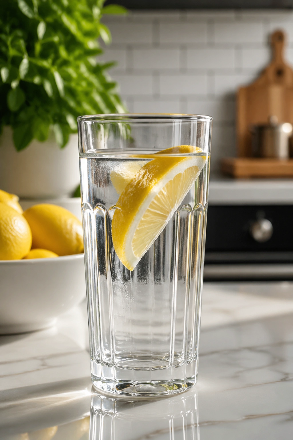 Tall glass of water with lemon on a kitchen counter.