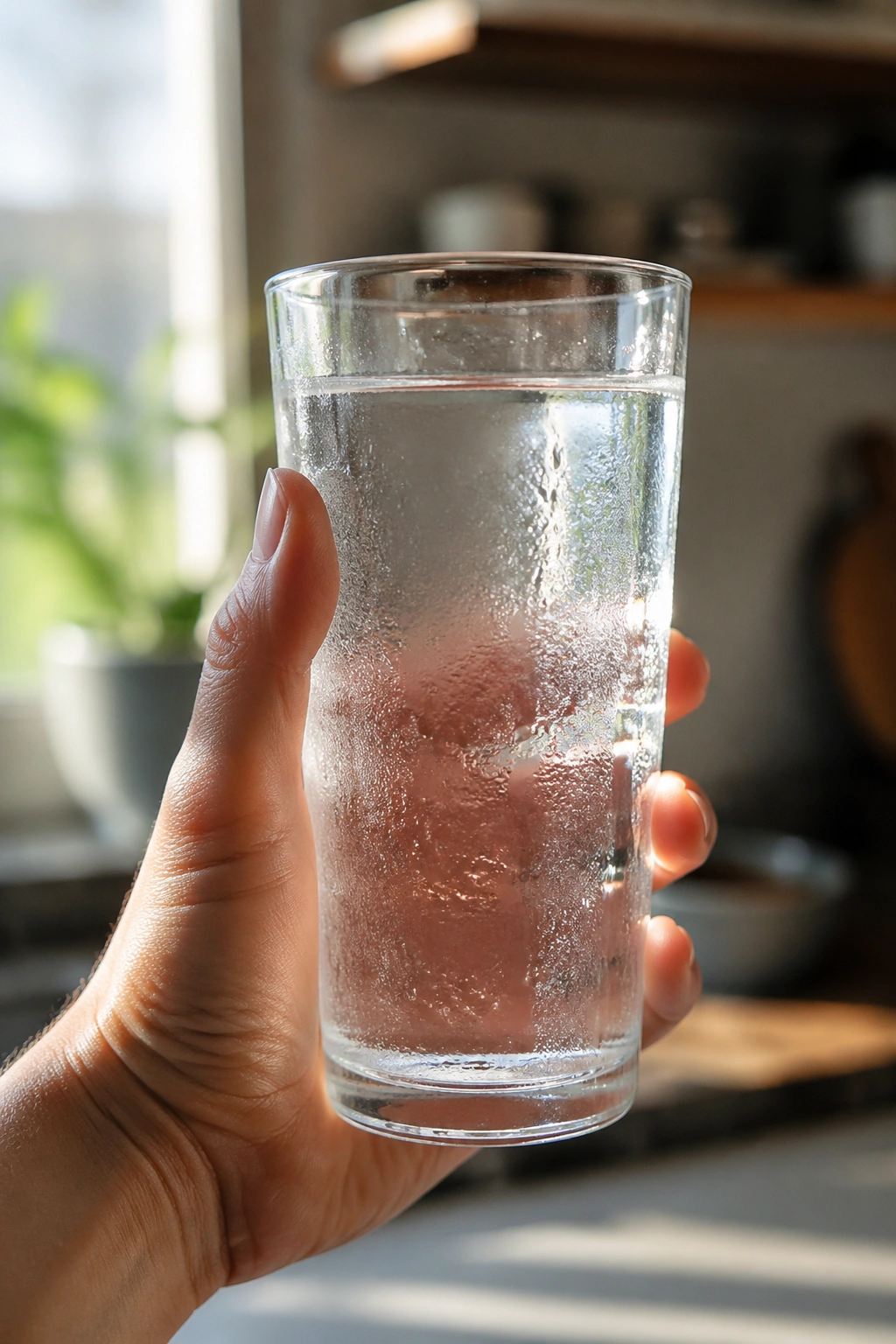 Close-up of a glass of water in morning light ready for hydration before meals.