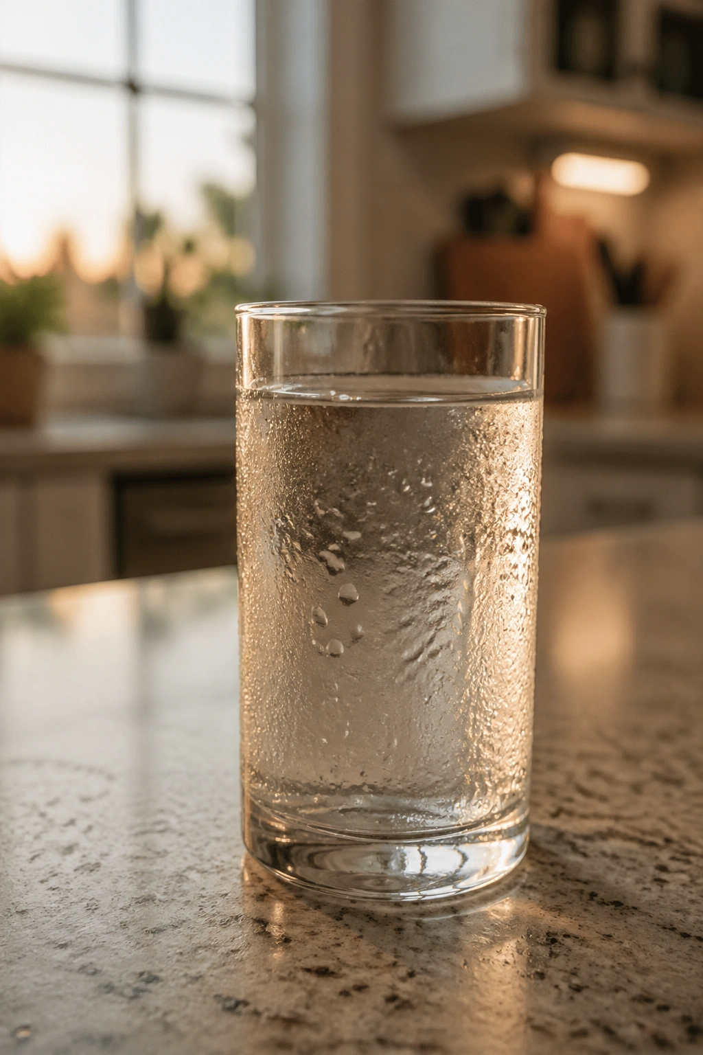 Glass of water on a kitchen counter with soft evening light