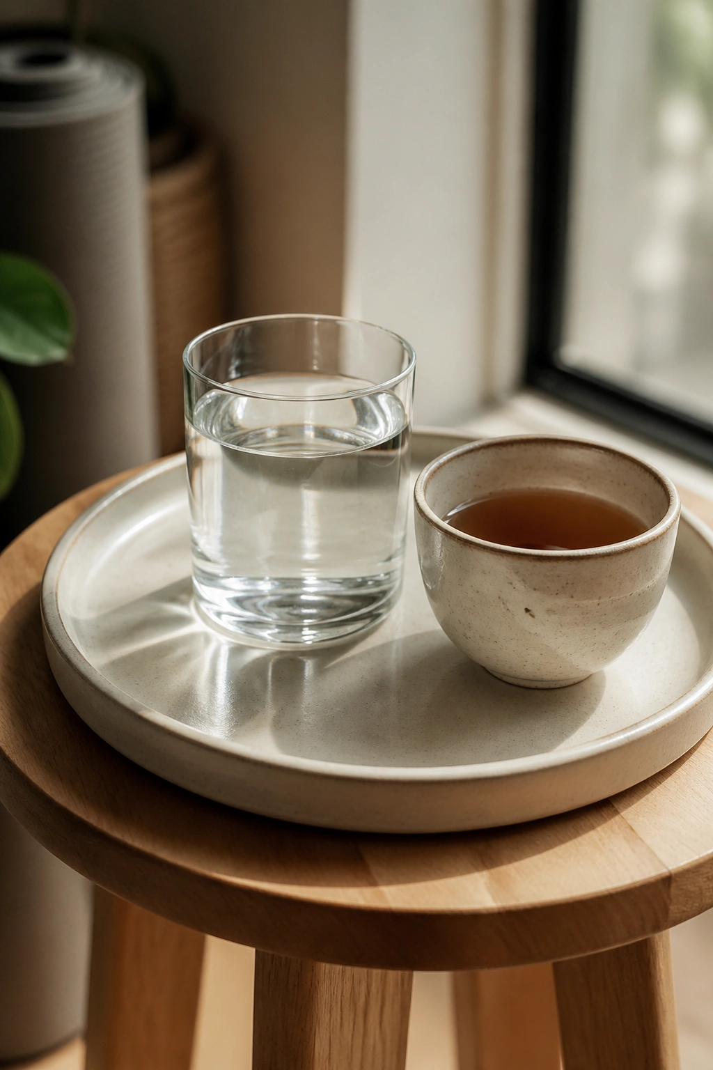 Close-up of a ceramic water tray with glass and teacup on a side table