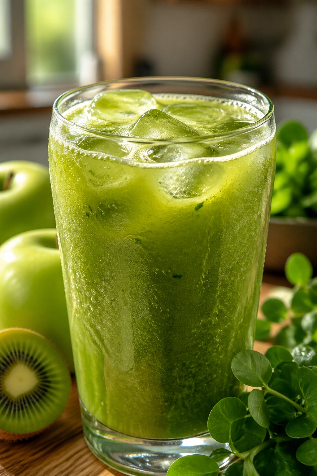 Bright green smoothie in a glass made with watercress kiwi and green apple.