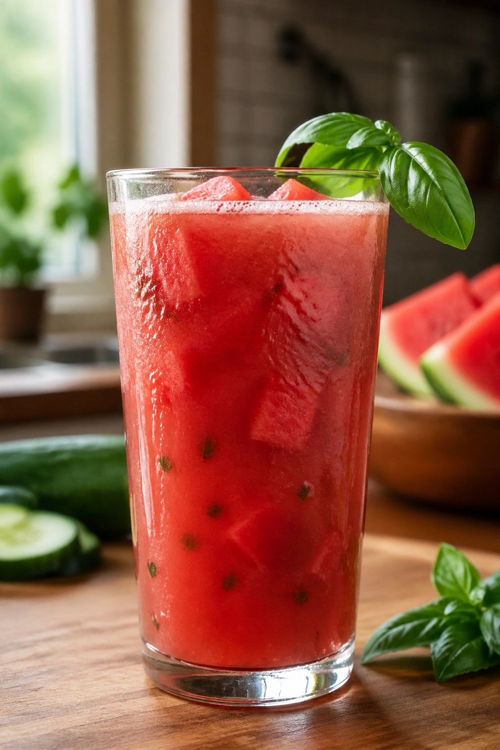 Close-up of Watermelon Basil Hydrator in a glass on a wooden counter with basil garnish