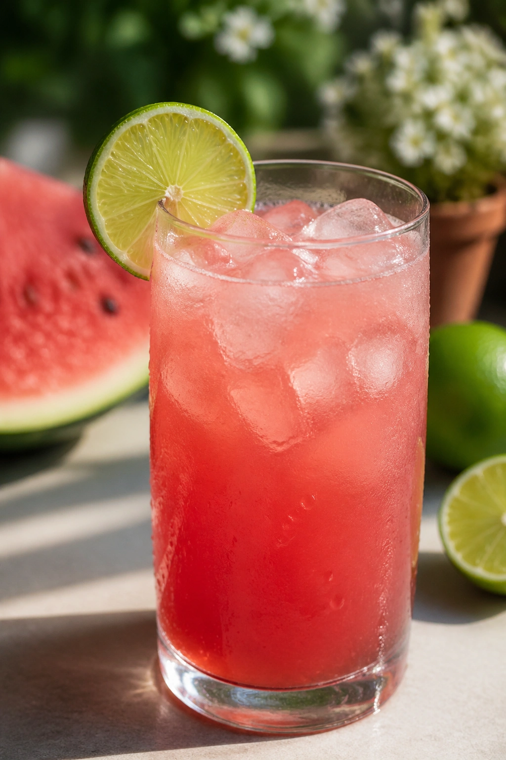 Close-up of a tall glass of watermelon lime cooler with ice on a sunny patio